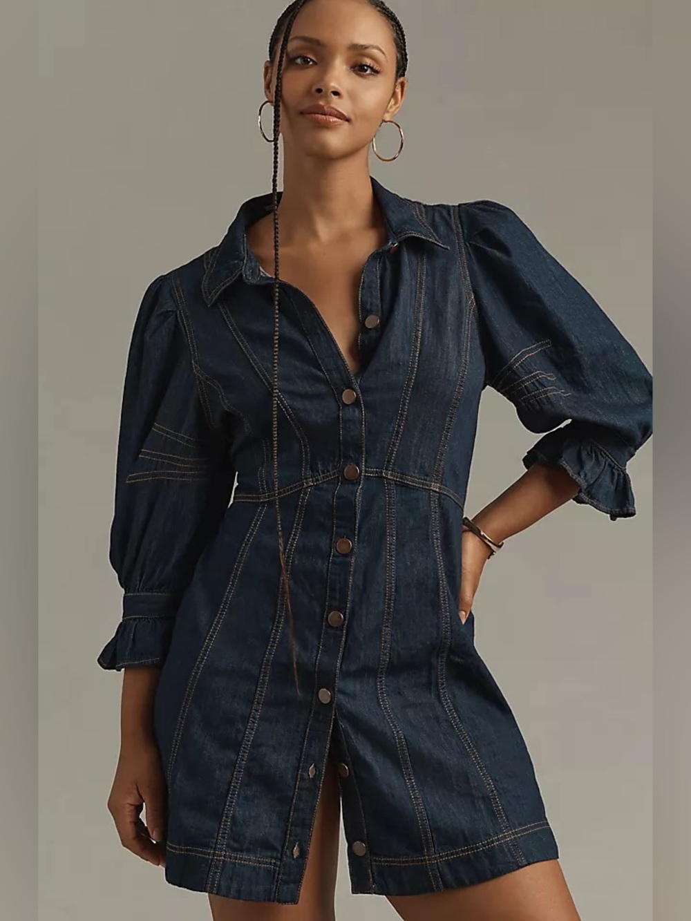 Anthropologie Puff-SleeveDenim Mini Shirt Dress Sz 2